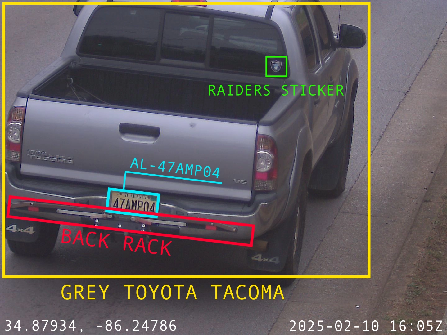 Annotated ALPR capture showing plate, make/model/color, sticker, and accessory tags on a Toyota Tacoma